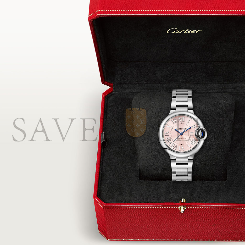 Ca*t*er ballon bleu de watch 28 mm steel diamond case diamond bezel pink dial w6920038